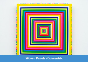 A series of 18 by 18 inch square panels, approximately 1.5 inches thick, featuring concentric squares of woven pieces of brightly colored flagging tape that originate as small and thin in the center and then get thicker as they radiate outward.
