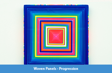 A series of 18 by 18 inch square panels, approximately 1.5 inches thick, featuring concentric squares of woven pieces of brightly colored flagging tape in mathematical progressions, each layer is approximately 1/16" thick.