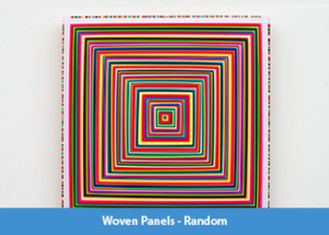 A series of 18 by 18 inch square panels, approximately 1.5 inches thick, featuring concentric squares of woven pieces of brightly colored flagging tape, each square is approximately 1/16" thick.